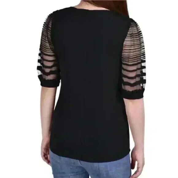 NY Collection Women's Black Poly/Spandex Knit Lace Half Length Sleeve Top EUC - Picture 2 of 12